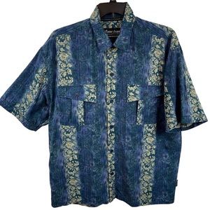 Vintage Floral Stripe Hawaiian Shirt XL Blue Tan